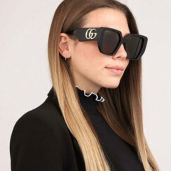 GUCCI GG0956S Rectangle Sunglasses Black/Gold Frame Grey Lens 54-19 Italy NEW - Picture 7 of 16